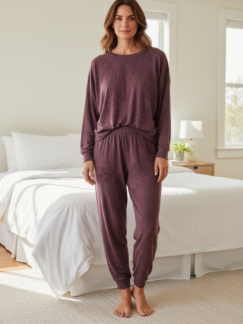 JoySpun Cozy Women's Long Sleeve Leopard Print Lounge Set-EUC